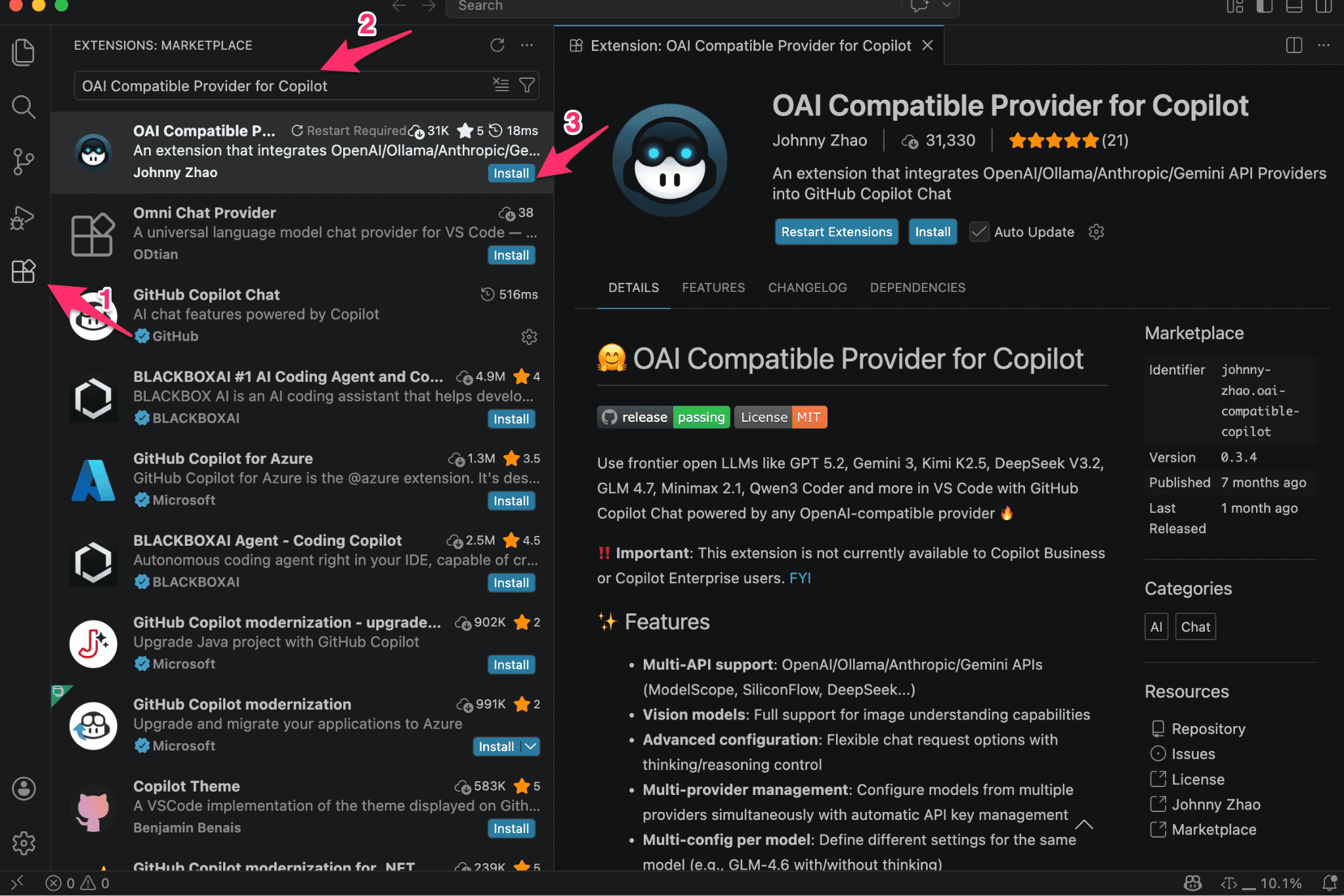 安装 OAI Compatible Provider for Copilot 扩展