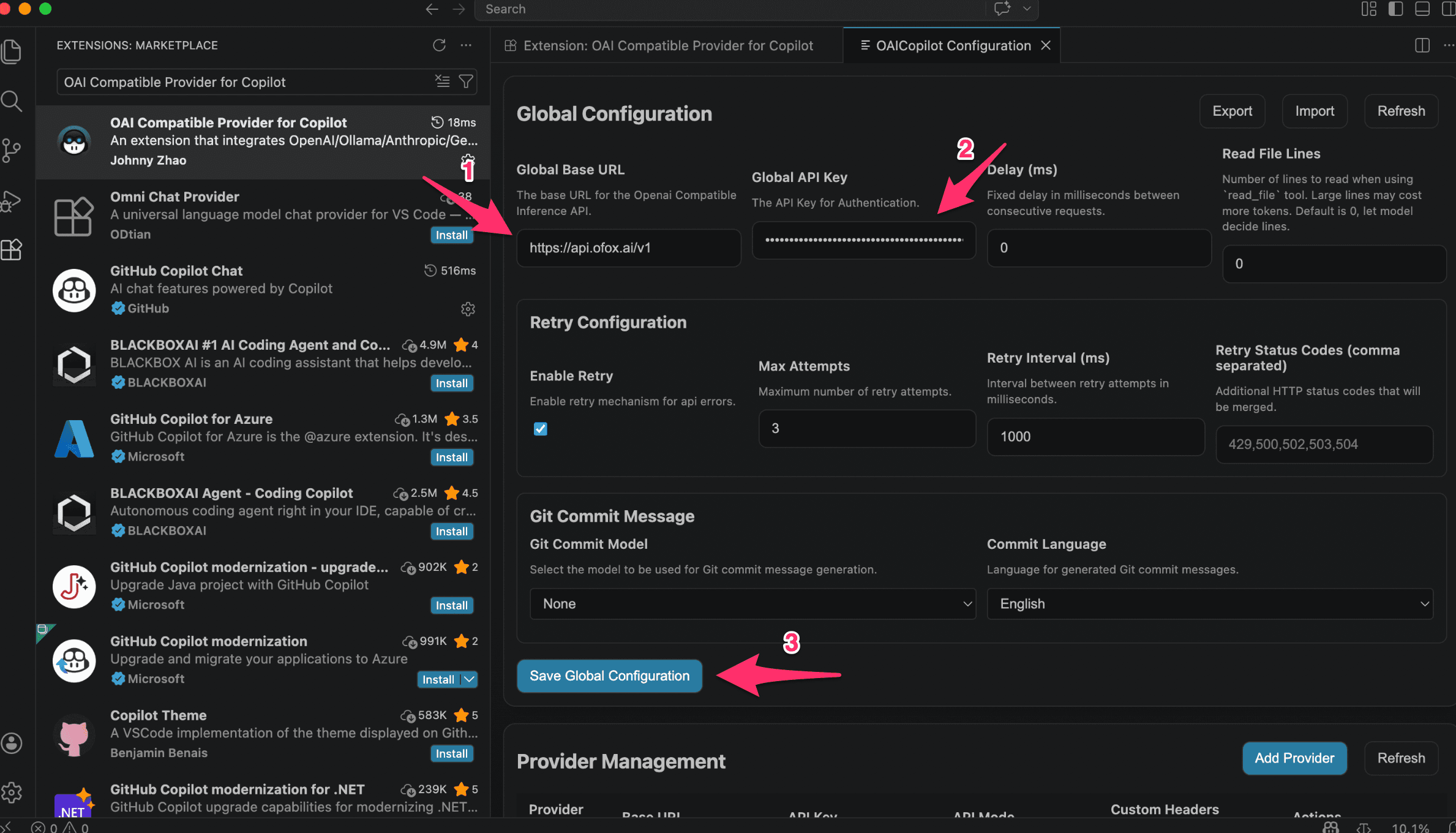 填写 Global Base URL 和 API Key 并保存