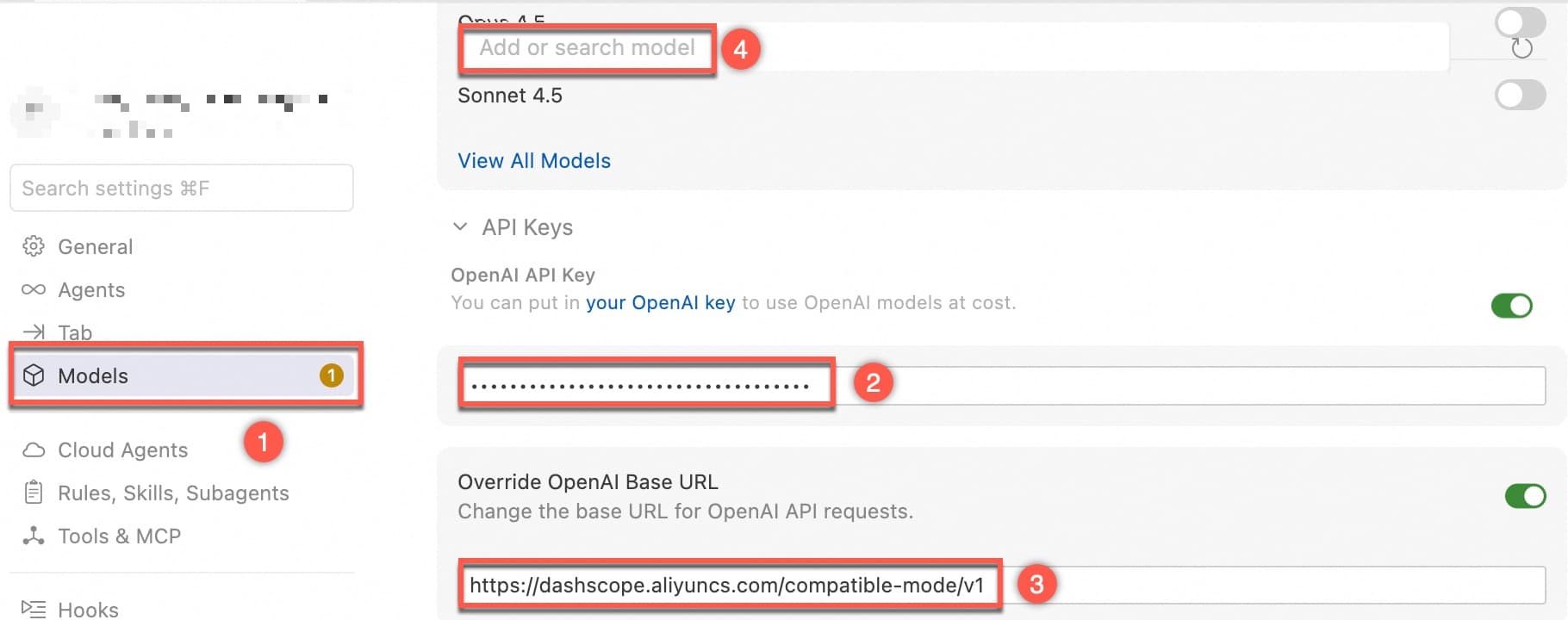 Cursor Models 配置界面