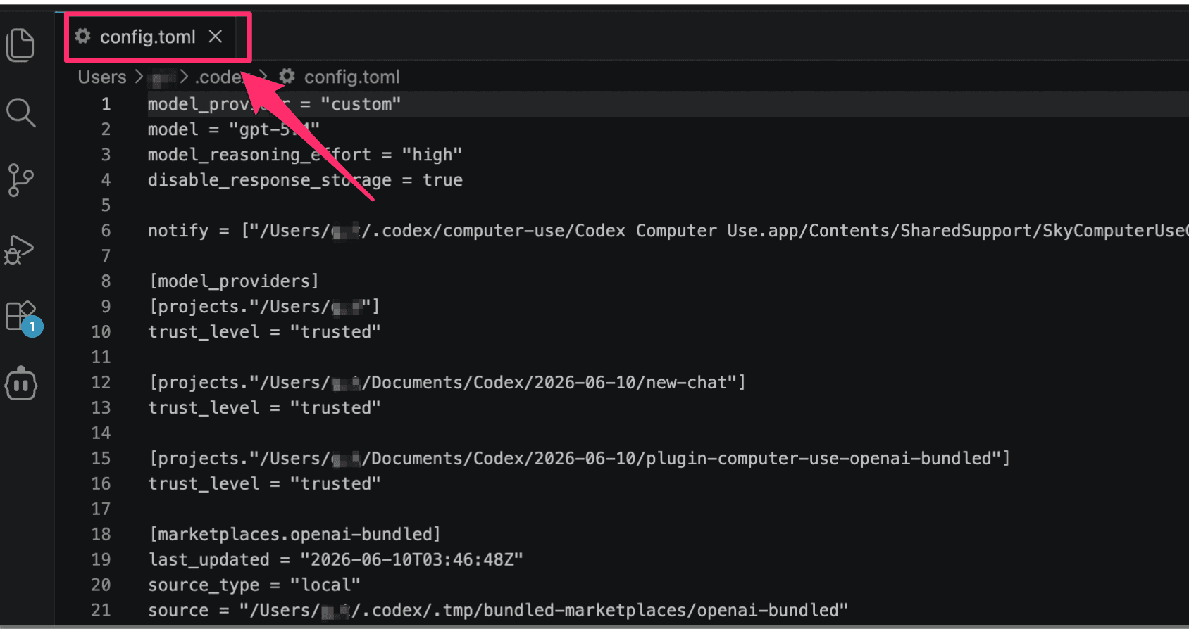 config.toml в редакторе