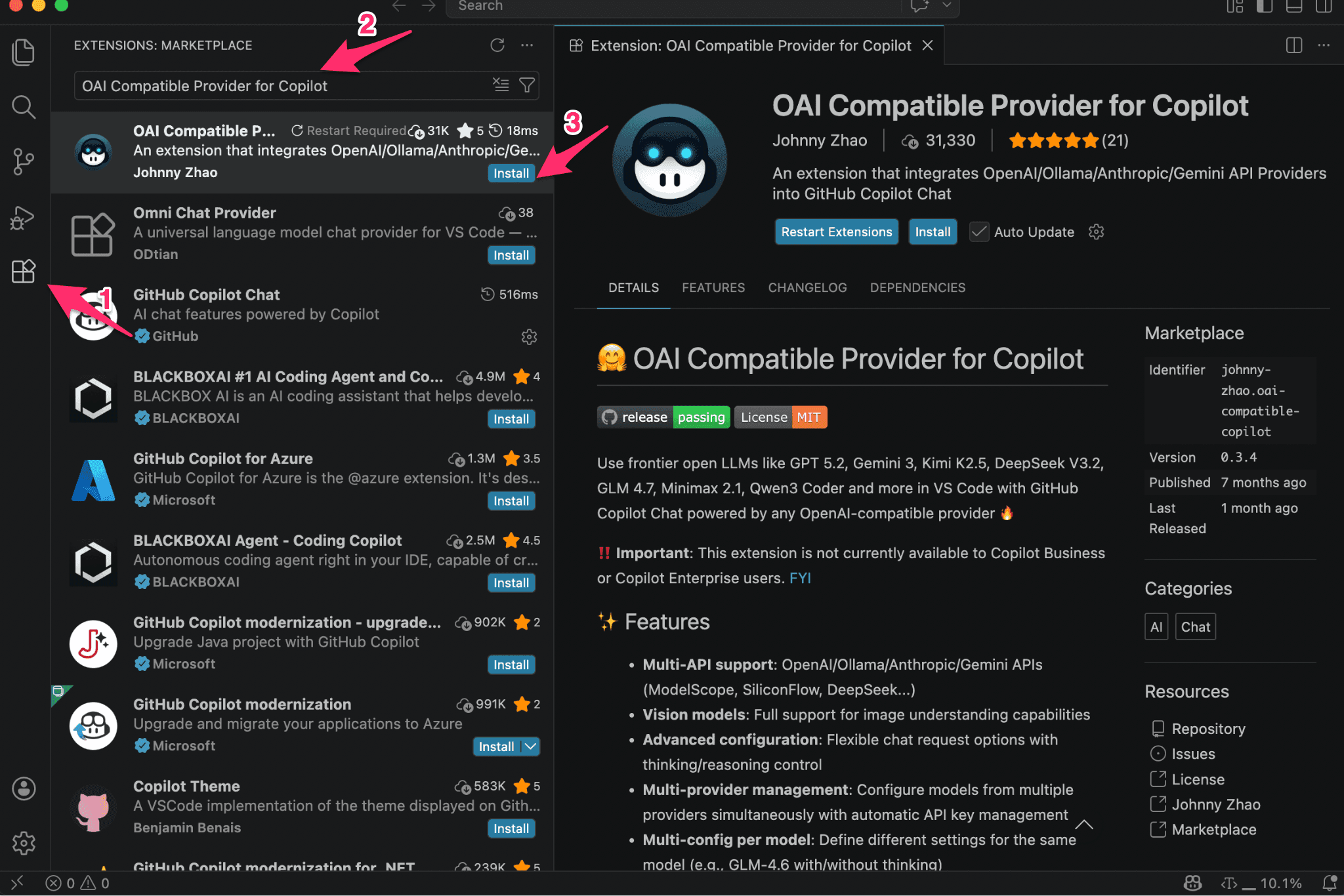 安装 OAI Compatible Provider for Copilot 扩展
