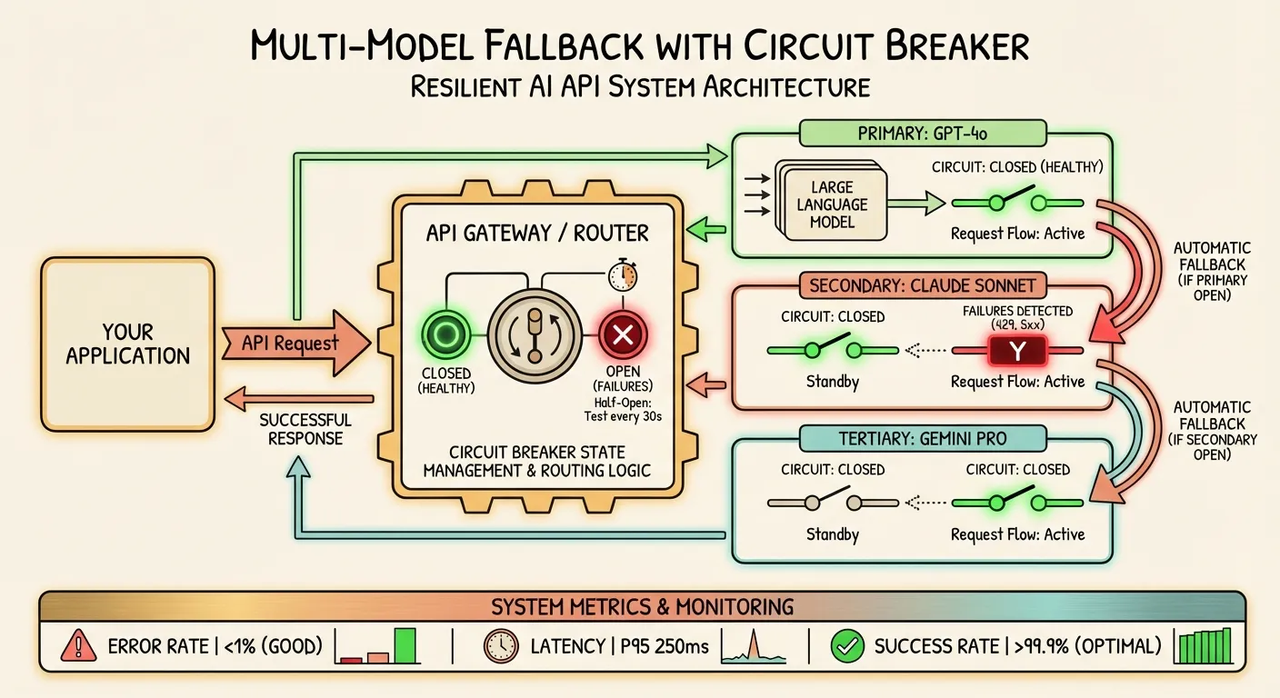Multi-Model Fallback with Circuit Breaker — architecture diagram showing an API gateway routing requests through GPT-4o (primary), Claude Sonnet (secondary), and Gemini Pro (tertiary) with circuit breaker states controlling automatic failover and system metrics monitoring
