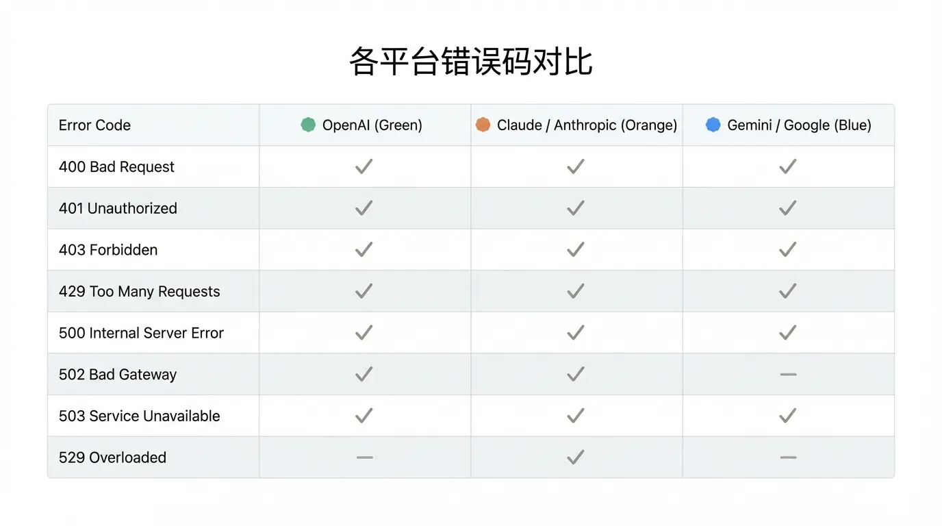 Сравнительная таблица кодов ошибок API трёх платформ: OpenAI, Claude, Gemini