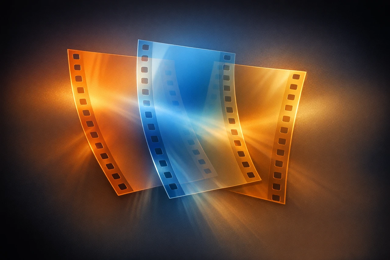 Three overlapping translucent film frames in warm orange, cool blue, and amber gradients against a dark background, representing three video generation APIs converging through light