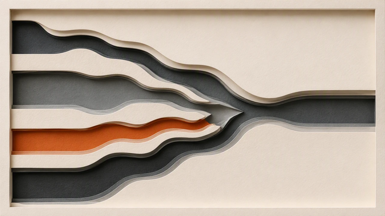 A layered paper-craft diorama in cream and charcoal grey with one orange channel, showing four channels of different widths converging into a single wider channel