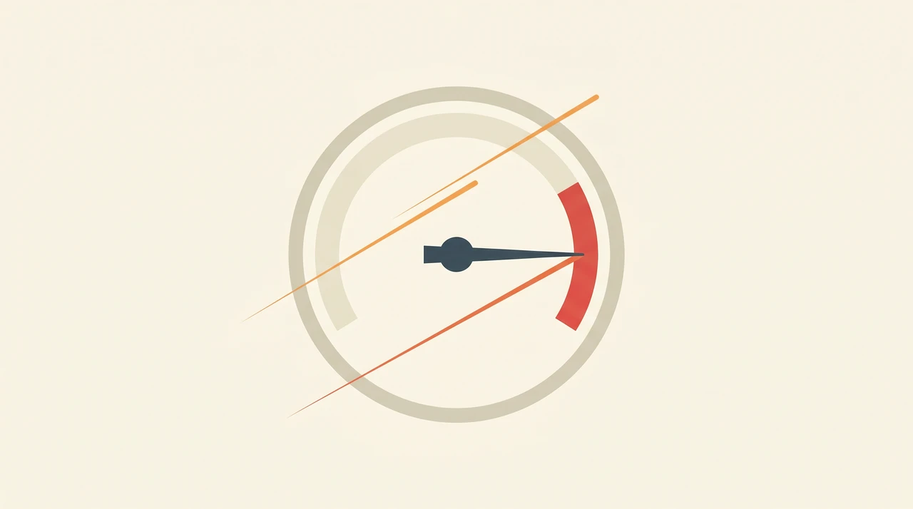Abstract gauge graphic showing a usage meter pinned at 100% with a downward arrow, representing rapid quota exhaustion on Claude Max plans in May 2026
