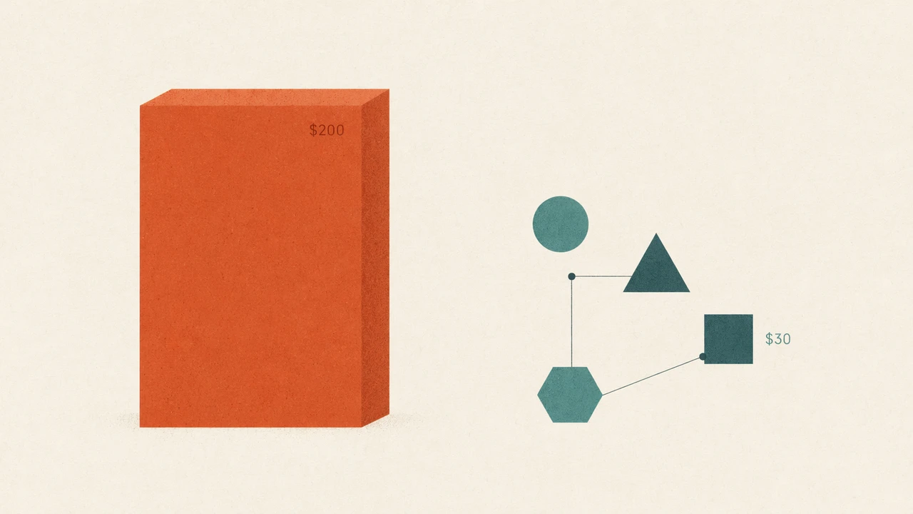 Abstract geometric illustration contrasting a large dense block (the $200/month subscription bundle) with a small, modular set of shapes (the $30/month BYO-API stack)
