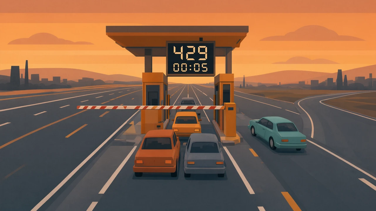 夕暮れの高速道路の料金所。バーが下りていて、頭上の標識には429の文字とその下に5秒のカウントダウンが表示され、後ろに3台の車が並び、4台目は迂回レーンへ進んでいる