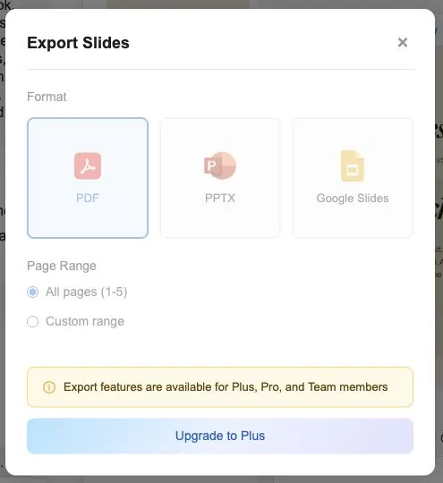 Genspark 내보내기 창에서 PDF, PPTX, Google Slides 사용에 업그레이드가 필요하다는 안내.