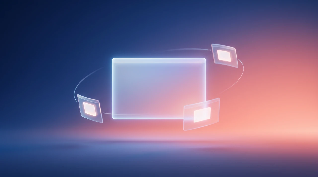 A glowing desktop window suspended weightlessly above a soft gradient surface, with three smaller windows orbiting around it, symbolizing parallel agent orchestration.