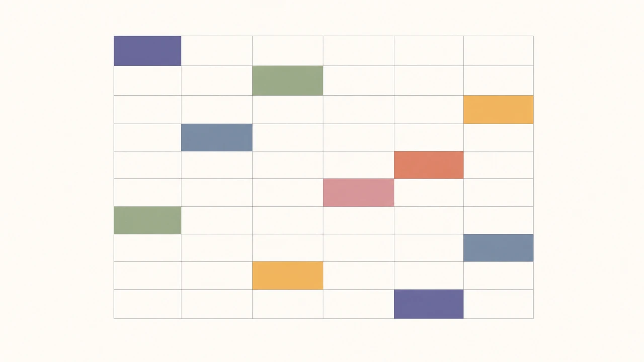 A 10-row, 6-column decision-matrix grid where each cell highlights one model as the recommended pick, rendered as a clean data-visualization with restrained color blocks on a near-white background