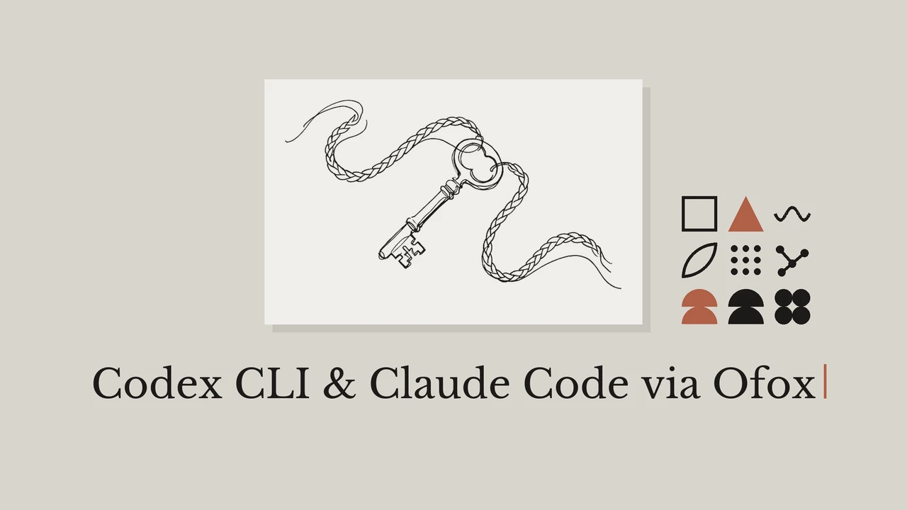 Single-line ink drawing of an old key with two braided cords running from it in different directions, on a pale card over a warm grey background, a grid of black and rust geometric glyphs beside it, and the serif title Codex CLI & Claude Code via Ofox