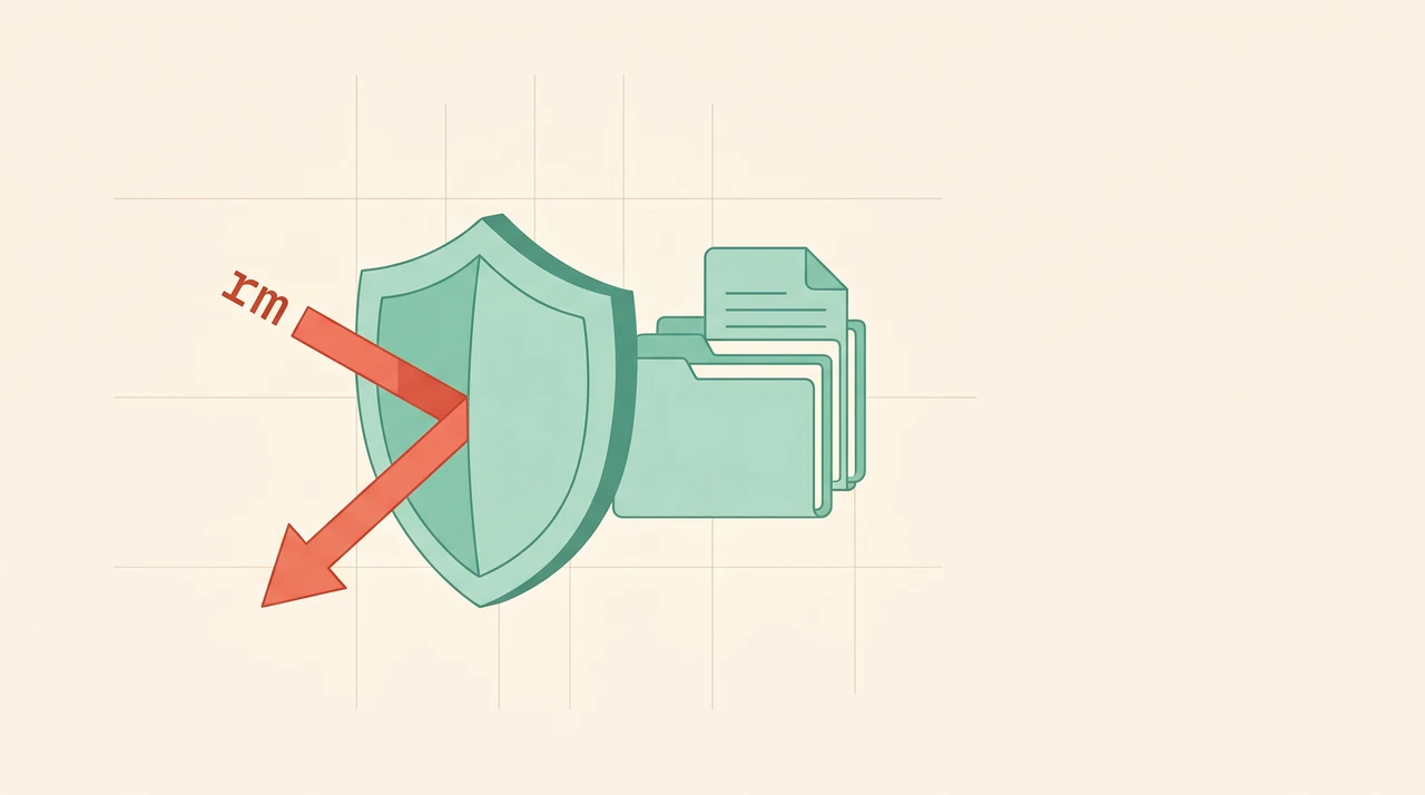 Flat illustration of a shield deflecting a red rm command arrow away from a stack of files, on a warm cream background
