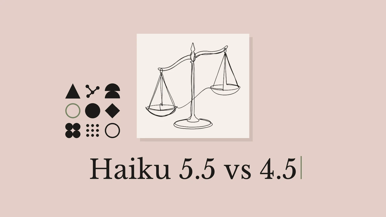 灰粉背景上的天平黑色线稿、浅色卡纸、几何点缀及 Haiku 5.5 vs 4.5 标题。
