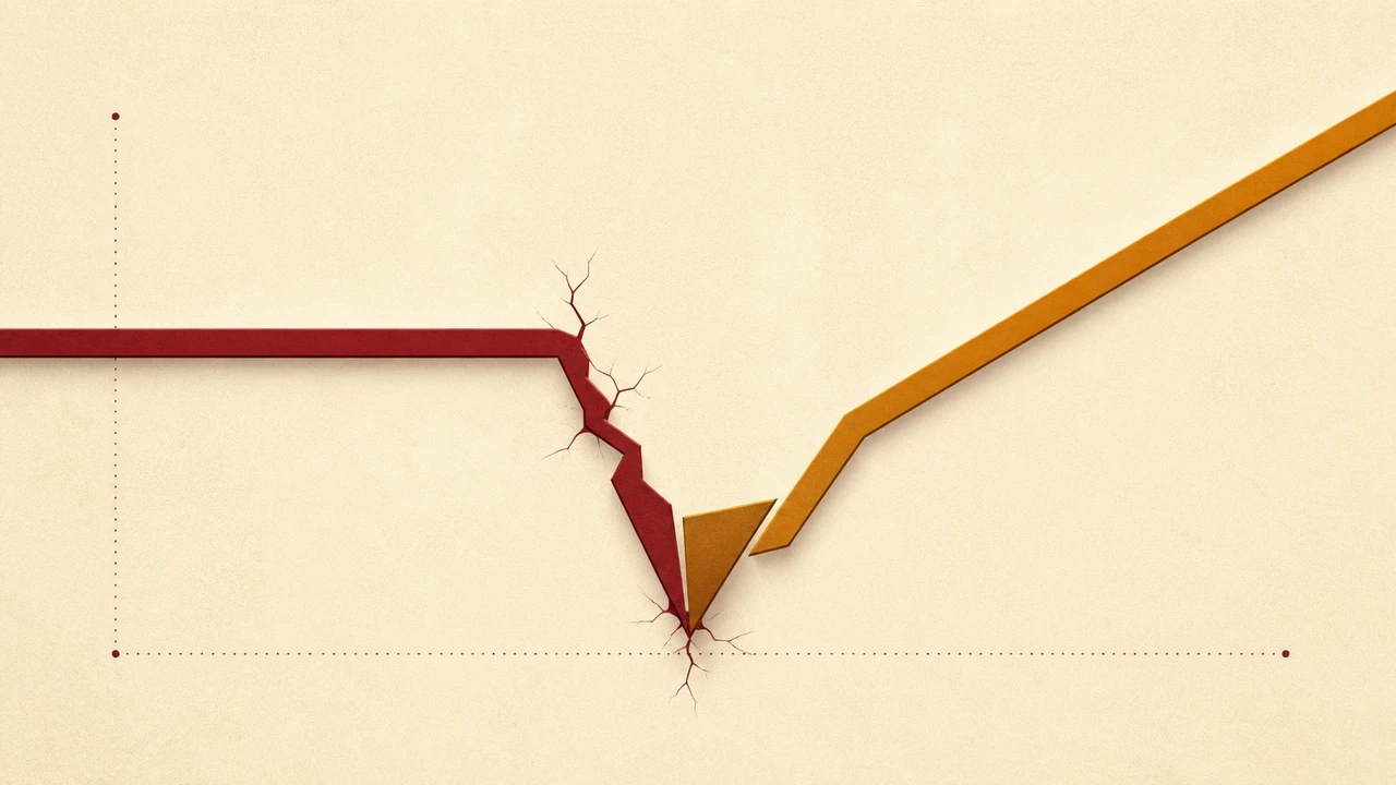 Abstract editorial illustration of an uptime line dipping into a wine-red fracture while a steady amber line splices in from below to continue the trajectory upward — visual metaphor for migrating away from a failing service