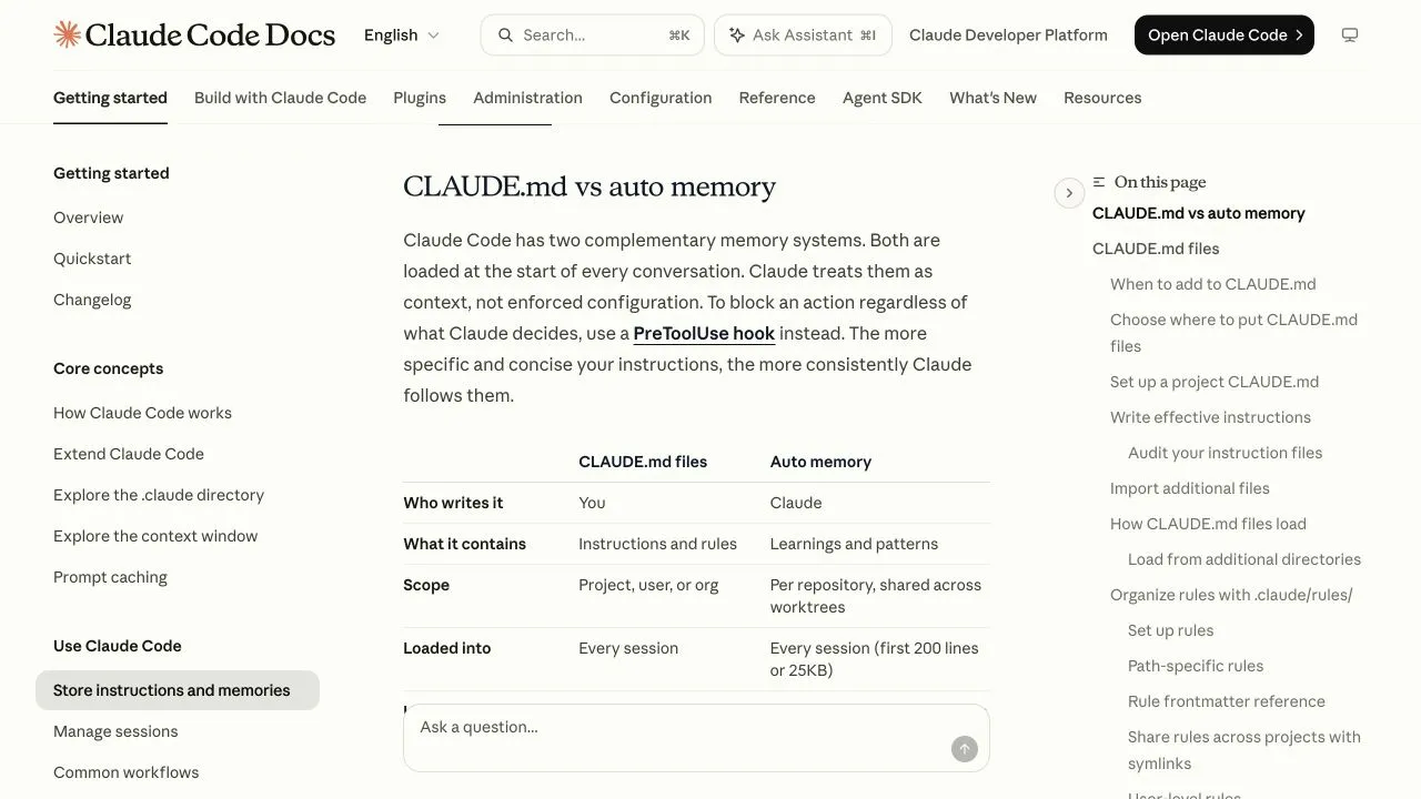 English Claude Code documentation explaining project instruction files