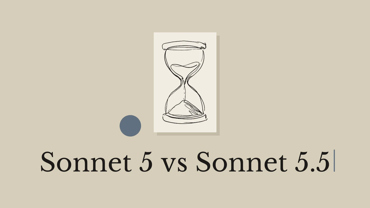 Art-line illustration of hourglass with the title Sonnet 5 vs Sonnet 5.5.