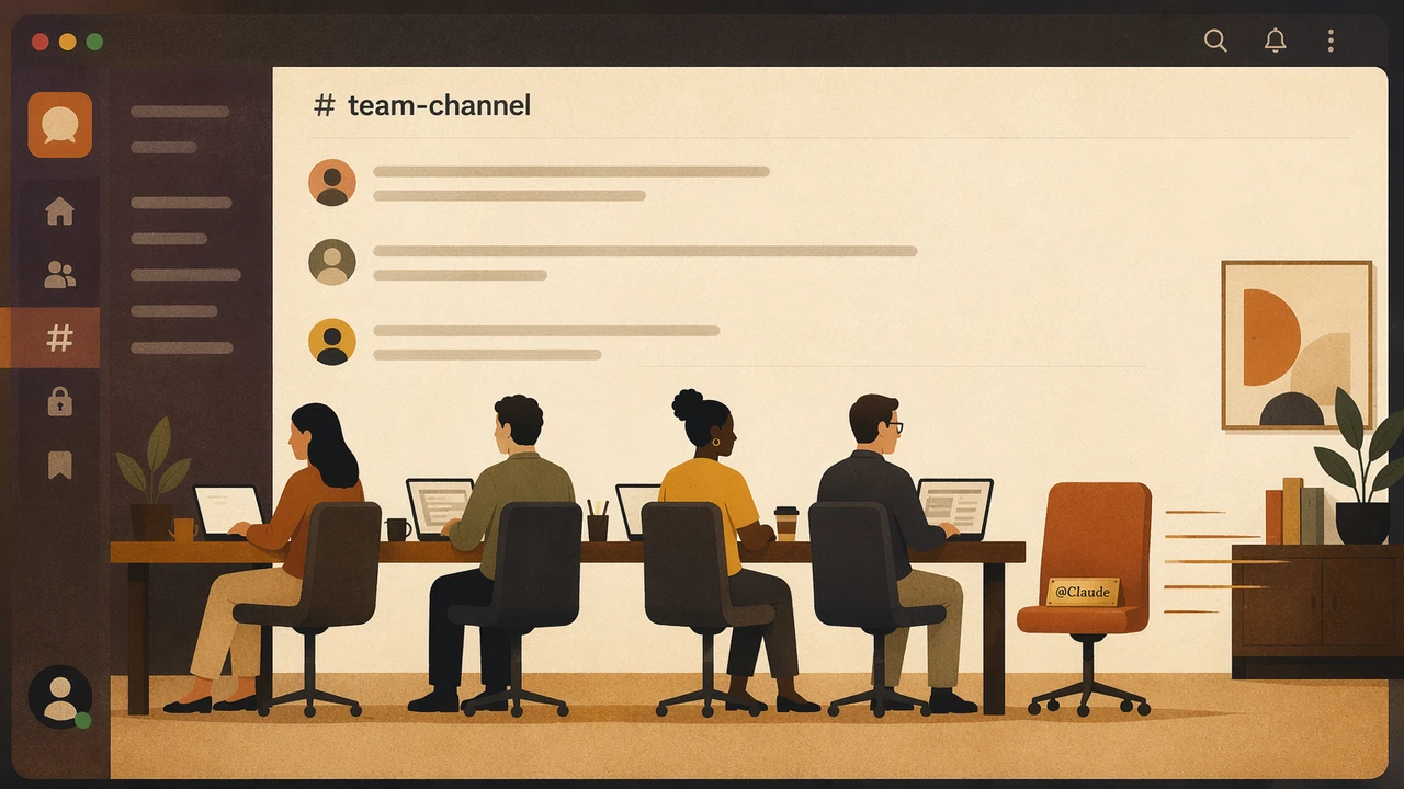 An empty seat with an @Claude nameplate joining a row of occupied desks in a Slack-style team channel