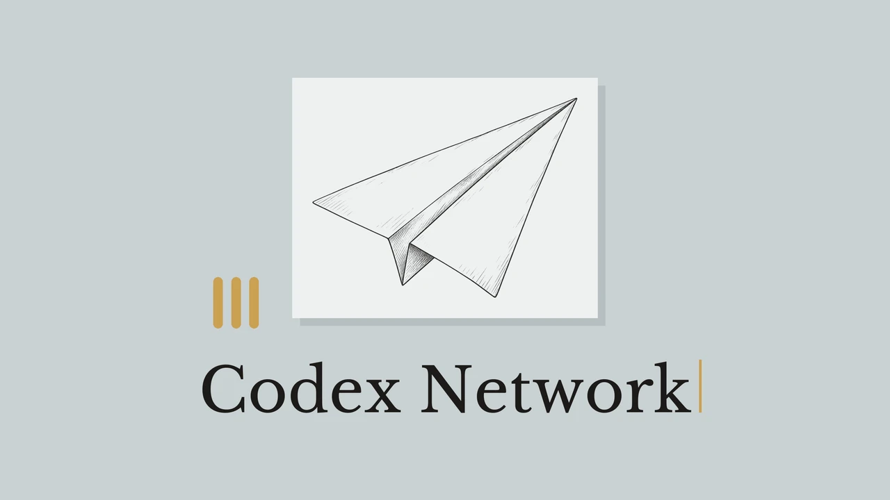 A black ink drawing of a paper airplane on a pale card, with geometric accents and the title Codex Network.