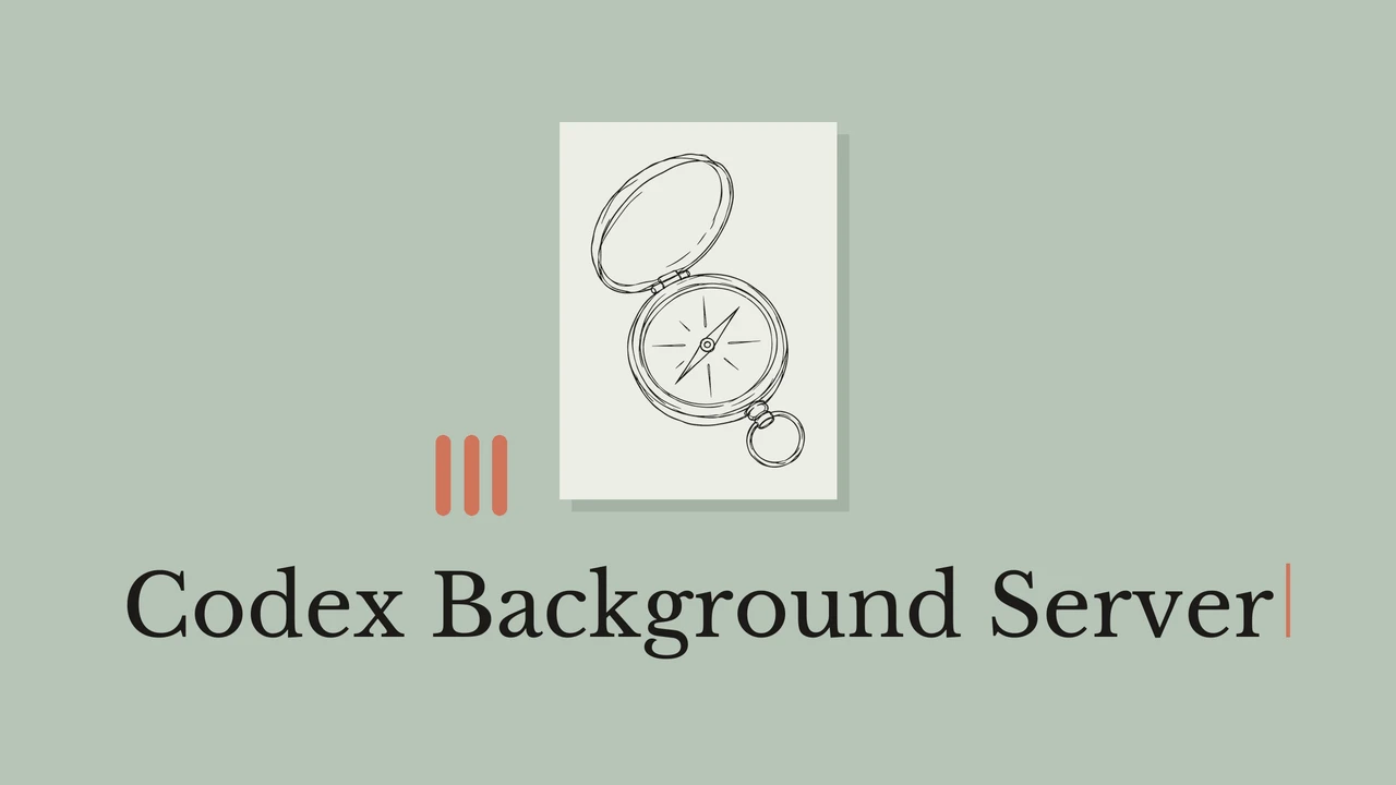 鼠尾草绿色背景与浅色卡纸上的黑色指南针线稿，下方写有 Codex Background Server。
