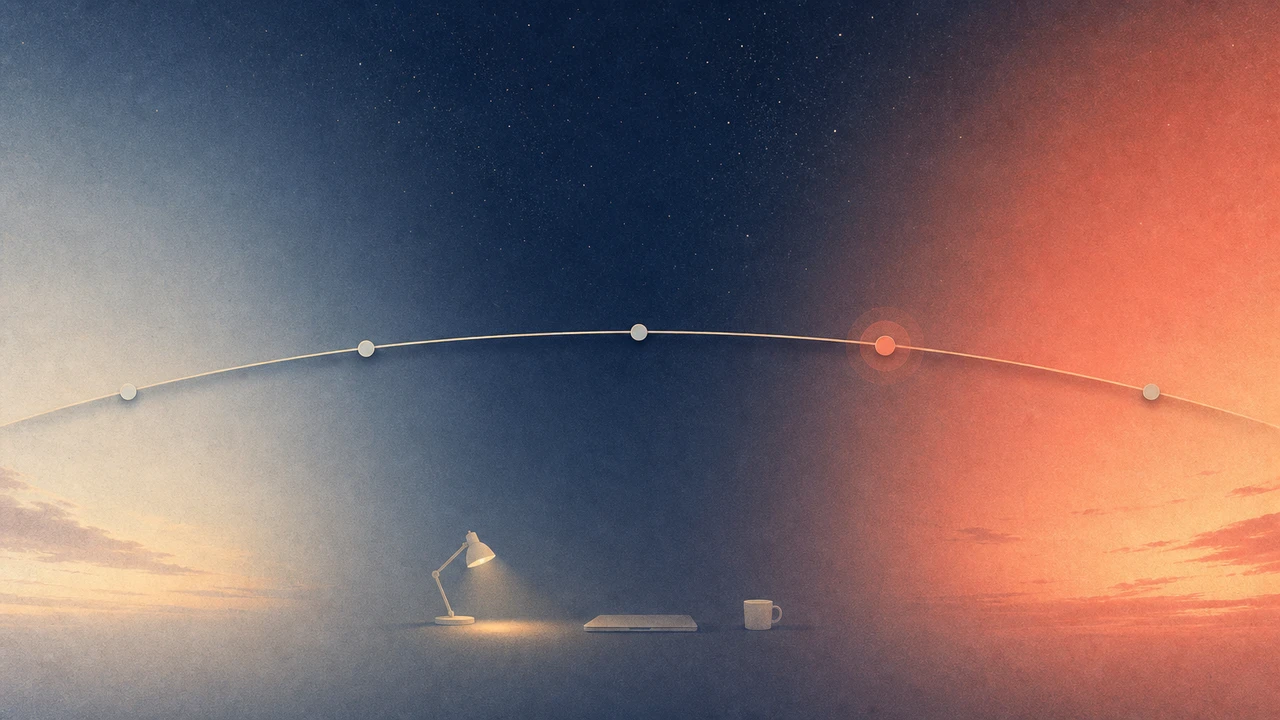 Stylized illustration of a small editorial figure tending a long horizontal task pipeline that arcs from dawn to night across cream paper, with a single coral marker on the active step.