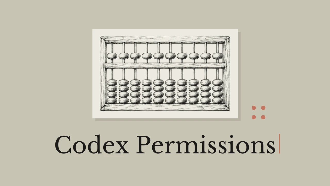 A black ink drawing of an abacus on a pale card, with geometric accents and the title Codex Permissions.