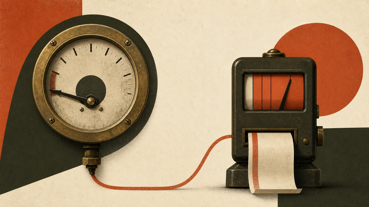 Editorial illustration of a brass spend dial set between a drained gauge and a paper takeout receipt, signaling a pay-per-token Codex fallback.
