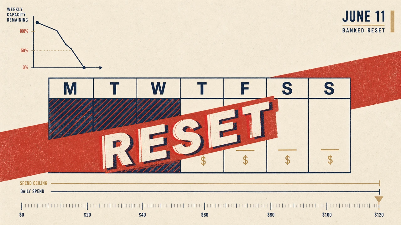 Editorial illustration of an empty hourglass with code fragments draining out, deadline calendar at right showing red 'limit hit' marker