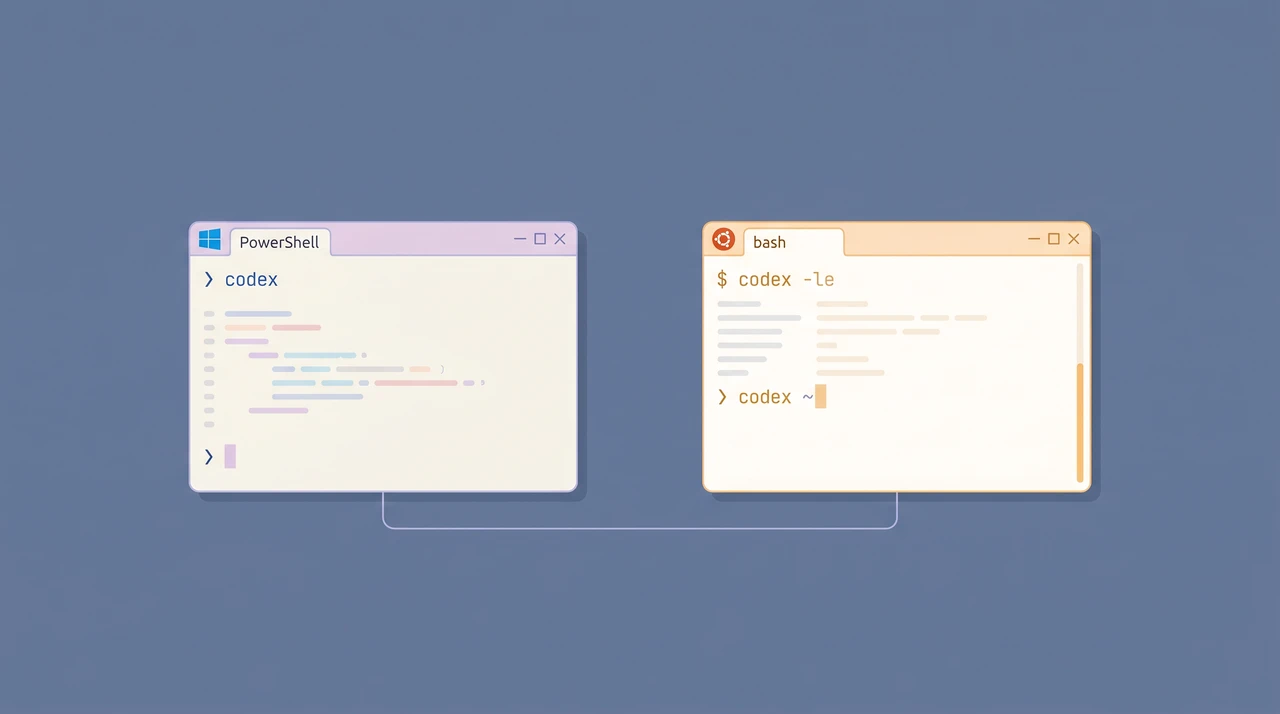 Split-screen flat illustration of a Windows terminal and a WSL2 Ubuntu terminal side by side, each running the codex command, against a calm slate-blue background