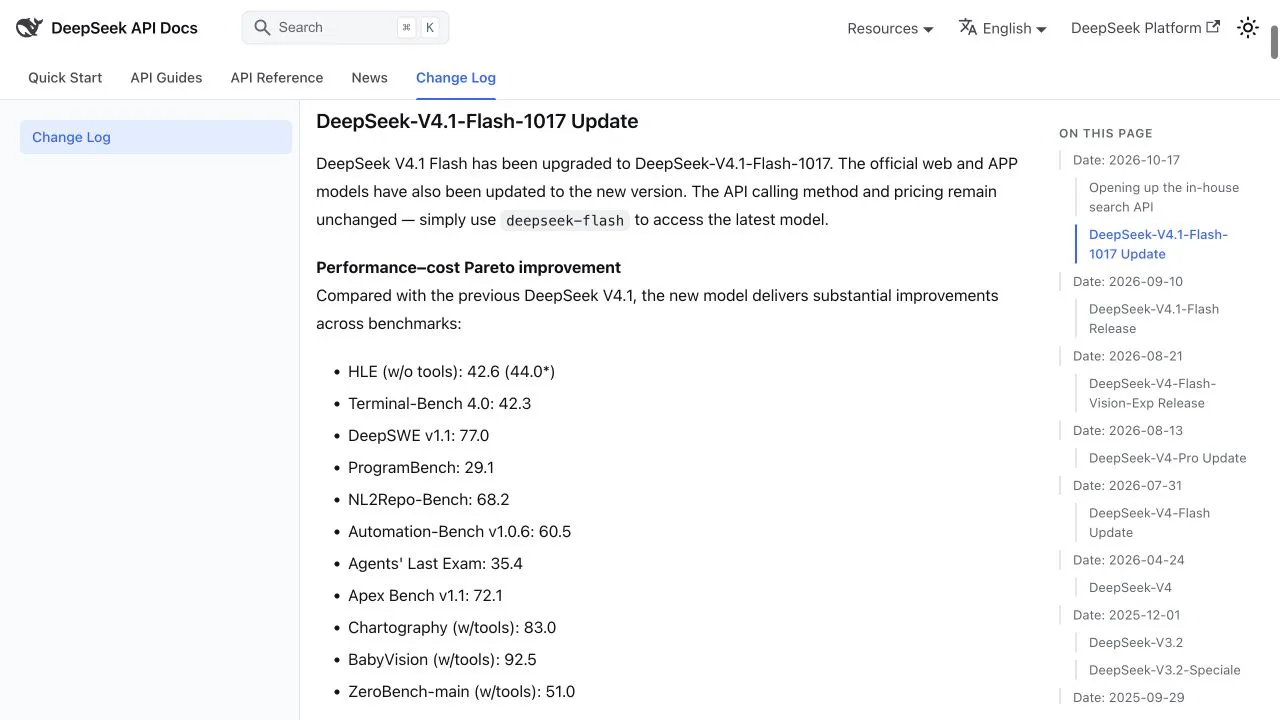 DeepSeek 官方英文更新日志,说明1017版本与模型价格不变