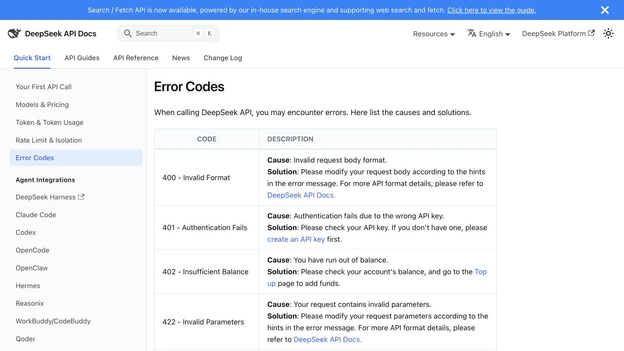 DeepSeek official English documentation showing request format, authentication, balance and parameter errors.