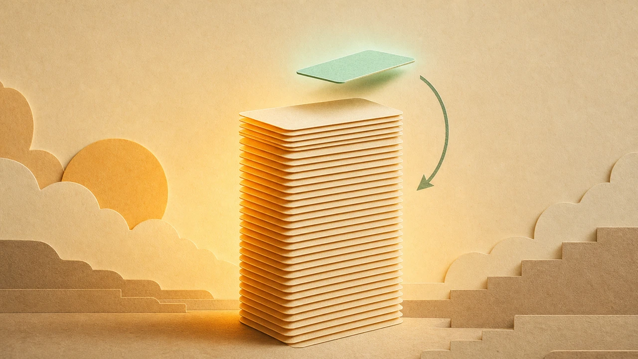 Editorial illustration of a layered cache stack with a stable prefix block locked at the top and a small variable block tucked at the bottom, money-saving arrows curving back to the prefix