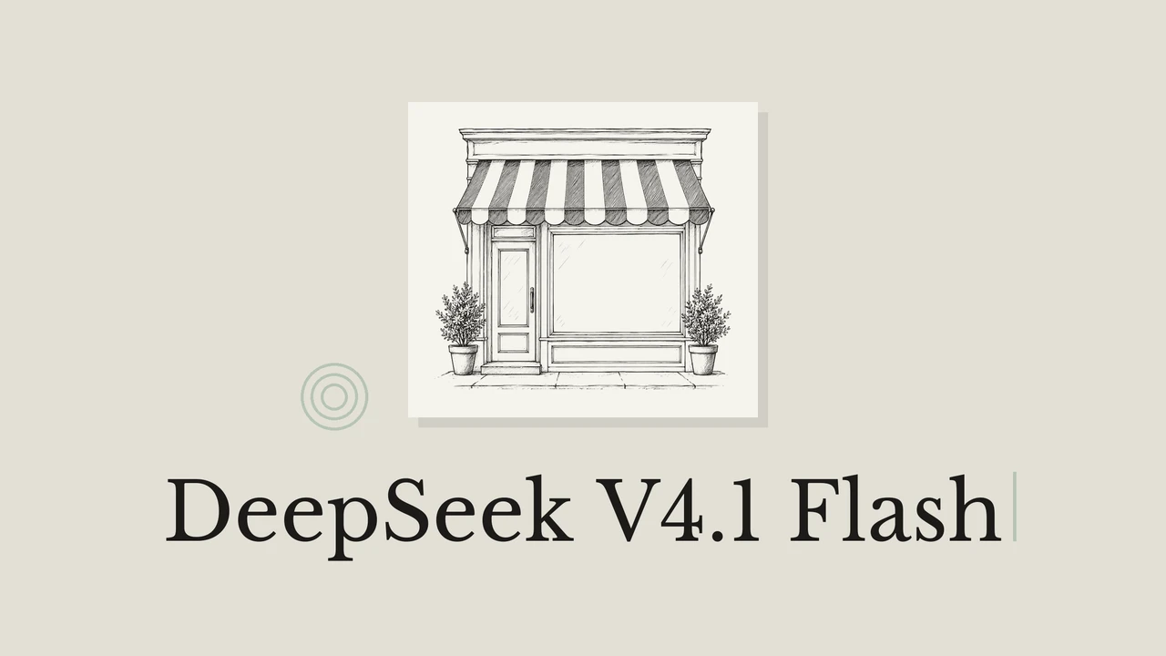 Black ink storefront with a striped awning on pale paper, geometric rings and the title DeepSeek V4.1 Flash.