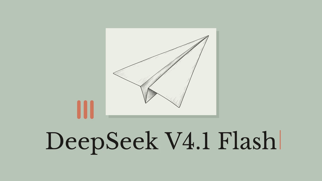 Black ink folded paper airplane on pale paper with geometric accents and the title DeepSeek V4.1 Flash.
