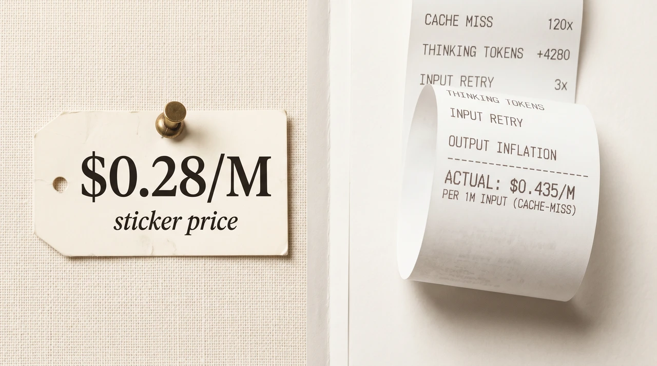 Editorial still life: a paper price tag reading $0.28/M pinned next to an unspooled thermal receipt itemizing cache miss x120, thinking tokens, input retry, and actual $0.435/M cache-miss cost