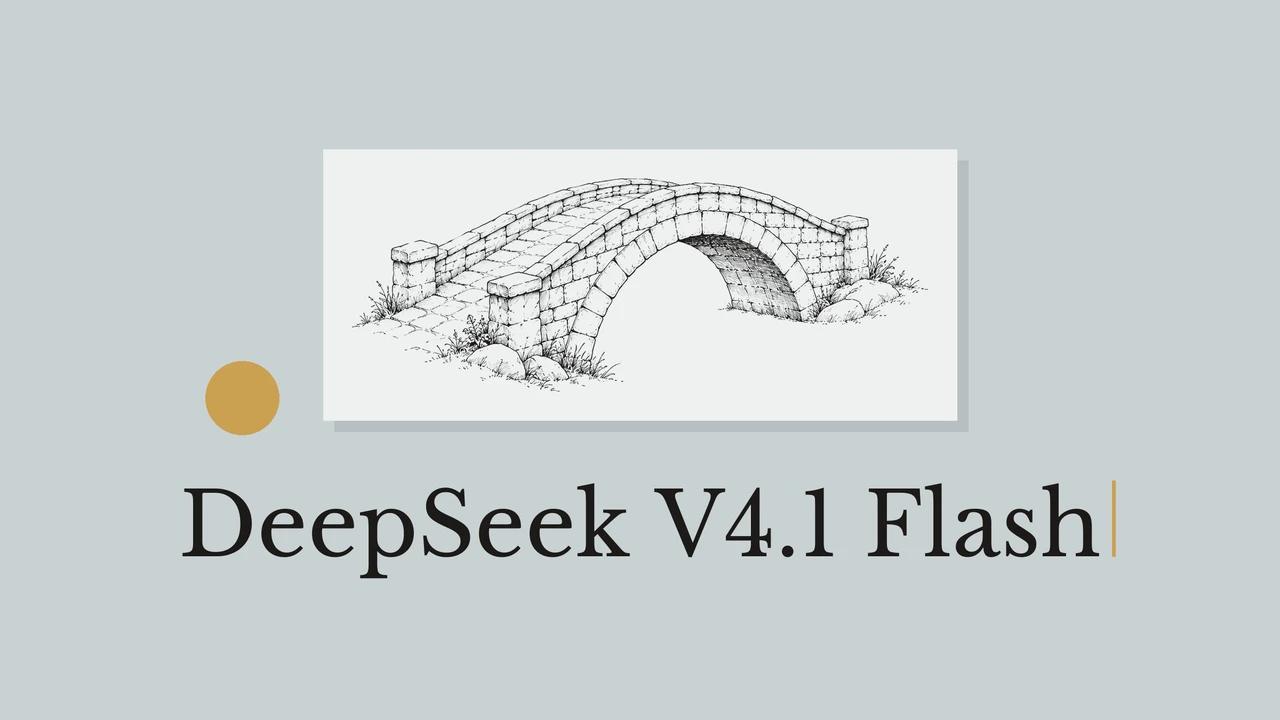 Мост чёрной тушью на светлой бумаге, приглушённый фон и заголовок DeepSeek V4.1 Flash.