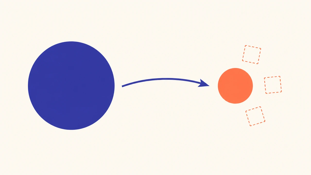 Two minimal geometric nodes — one large, one small — connected by a delegation arrow, representing Claude Code handing a subtask to Mistral Vibe