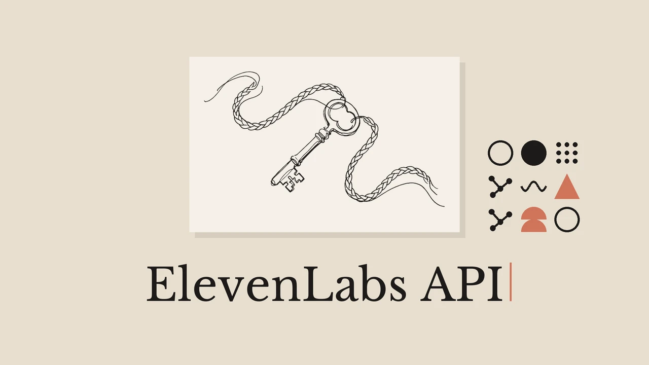 베이지색 배경과 밝은 카드 위 열쇠·끈 선화, 기하학 장식과 ElevenLabs API 제목.