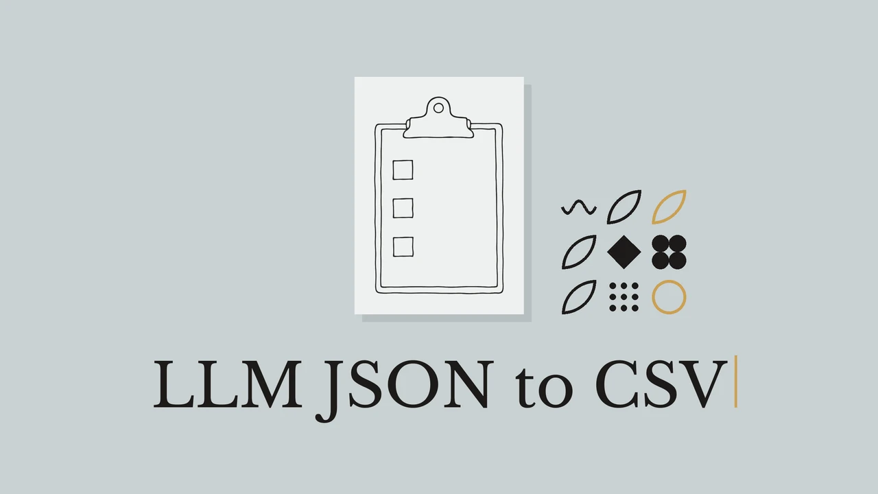 Линейный рисунок планшета с зажимом рядом с заголовком LLM JSON to CSV