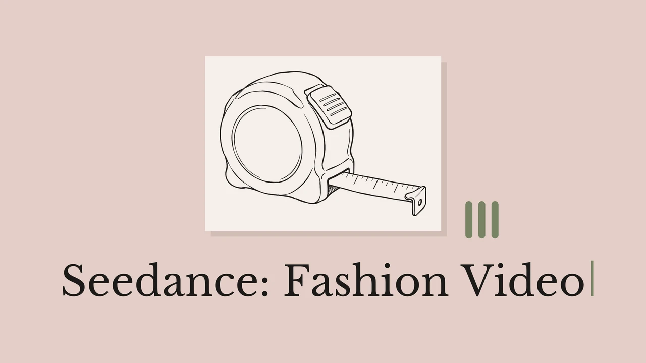 灰粉色封面上的卷尺线稿，标题为 Seedance: Fashion Video