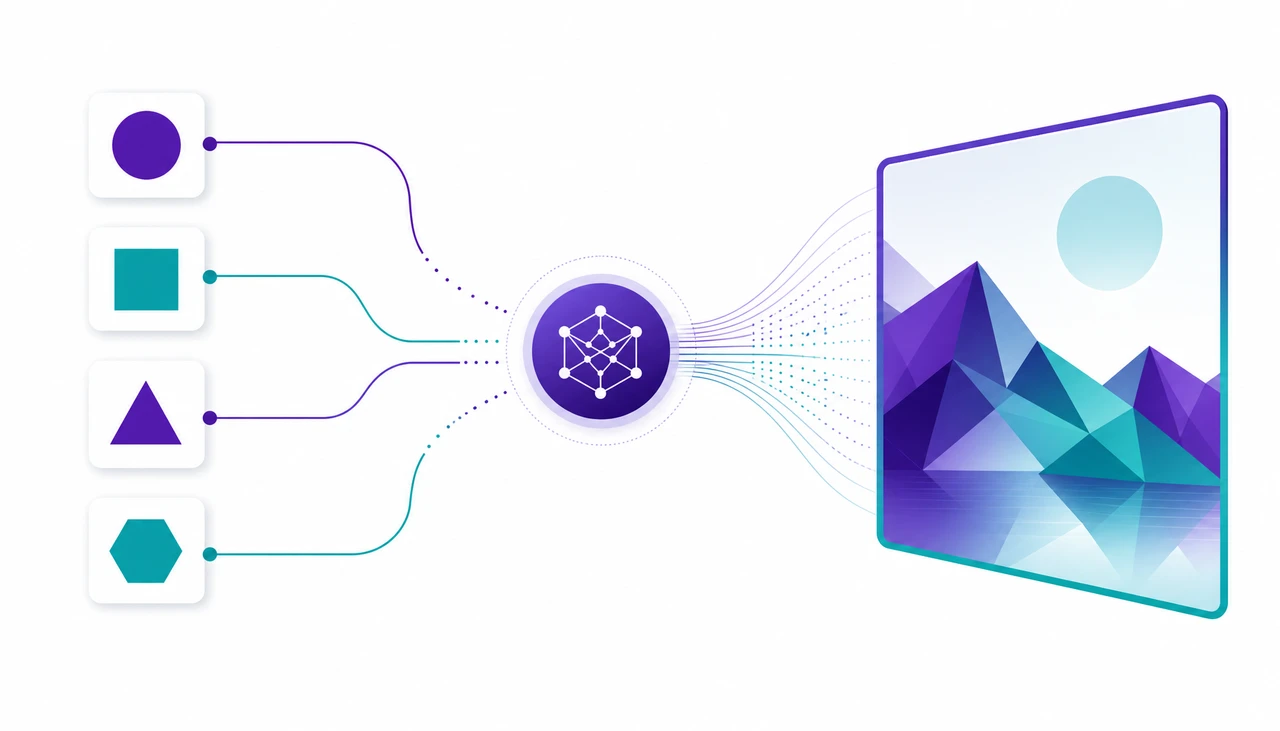 Abstract geometric visualization of Flux 2 Max image generation workflow with multi-reference inputs converging into high-resolution output