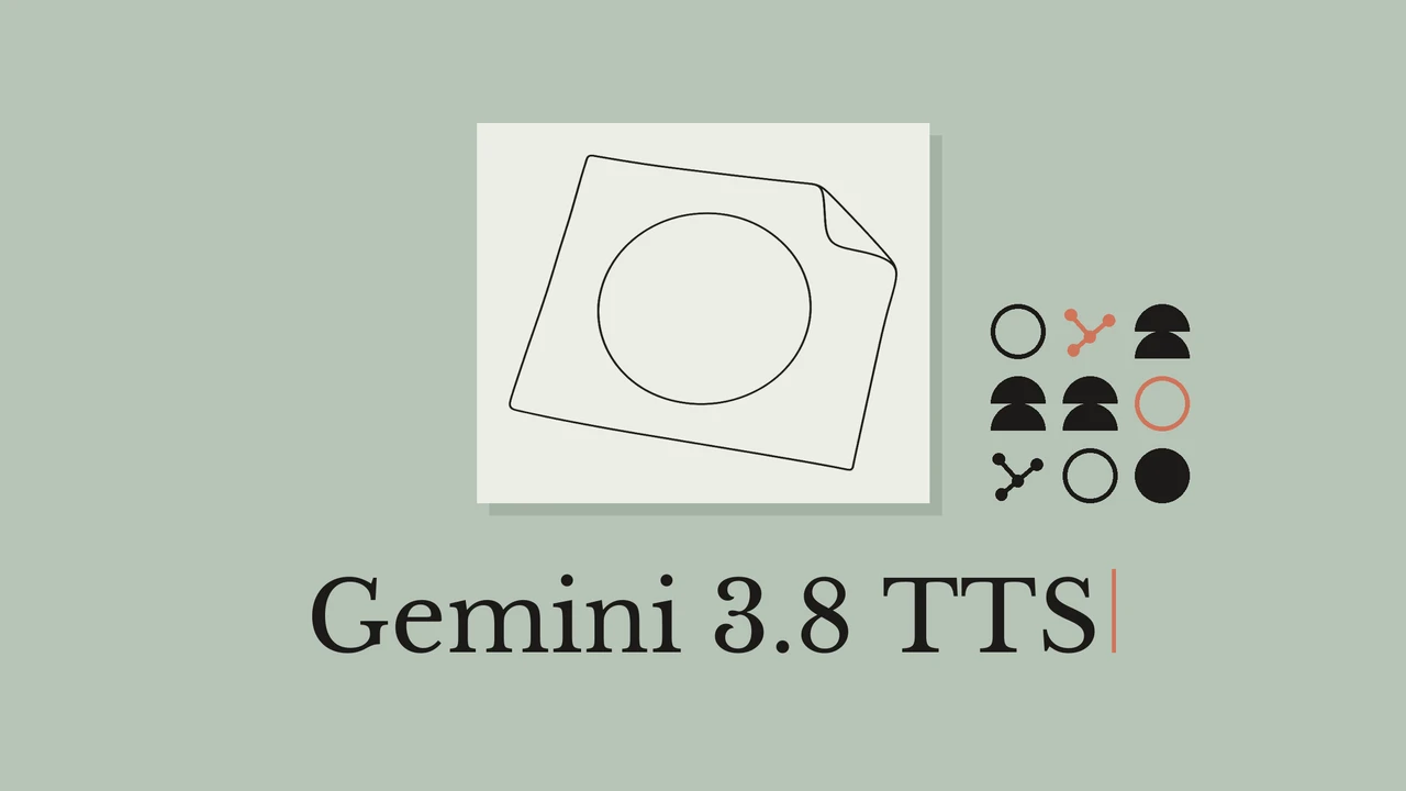 セージ色の背景と淡いカードに黒い線で描いたステンシルシート。タイトルはGemini 3.8 TTS。