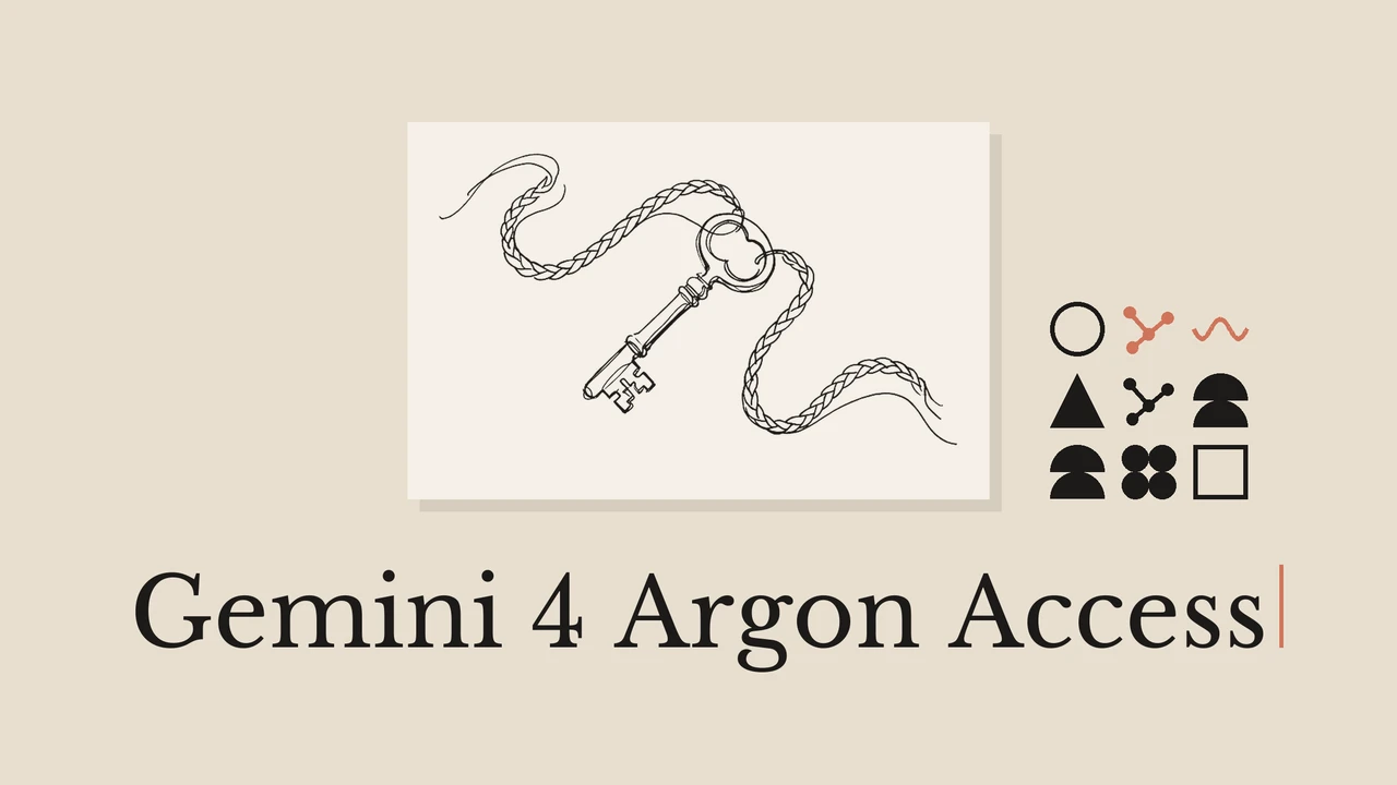 Key and cord in black ink on pale card, beige background, geometric accents and Gemini 4 Argon Access title.