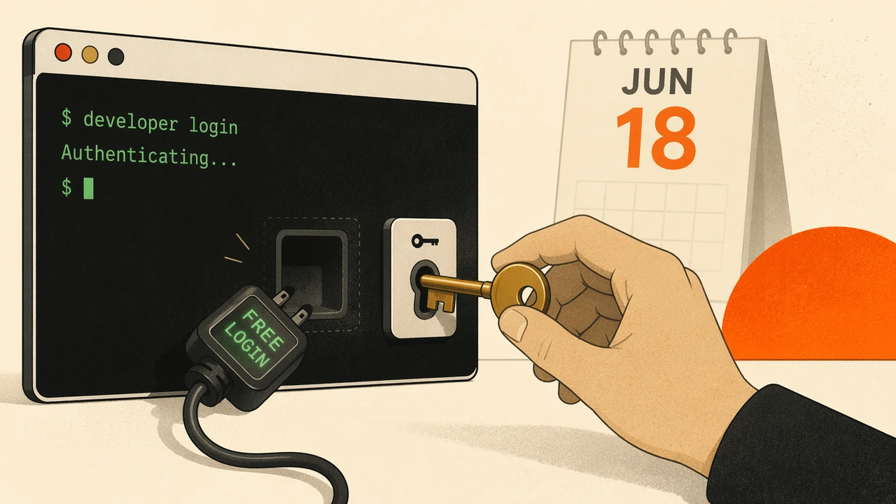 A terminal window where a green free-tier login badge is unplugged and a paid API key cable is being plugged in its place, illustrating the Gemini CLI migration from OAuth login to an API key