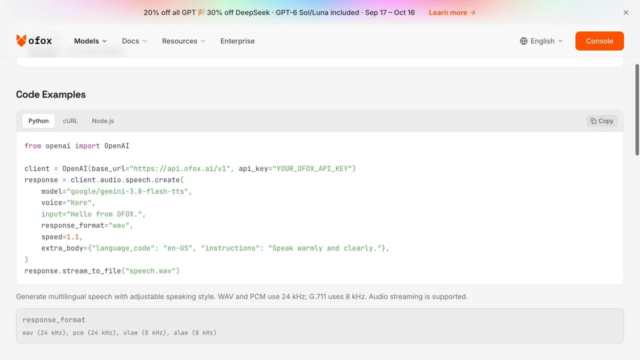The real English Ofox Gemini TTS model page showing the speech request and format options