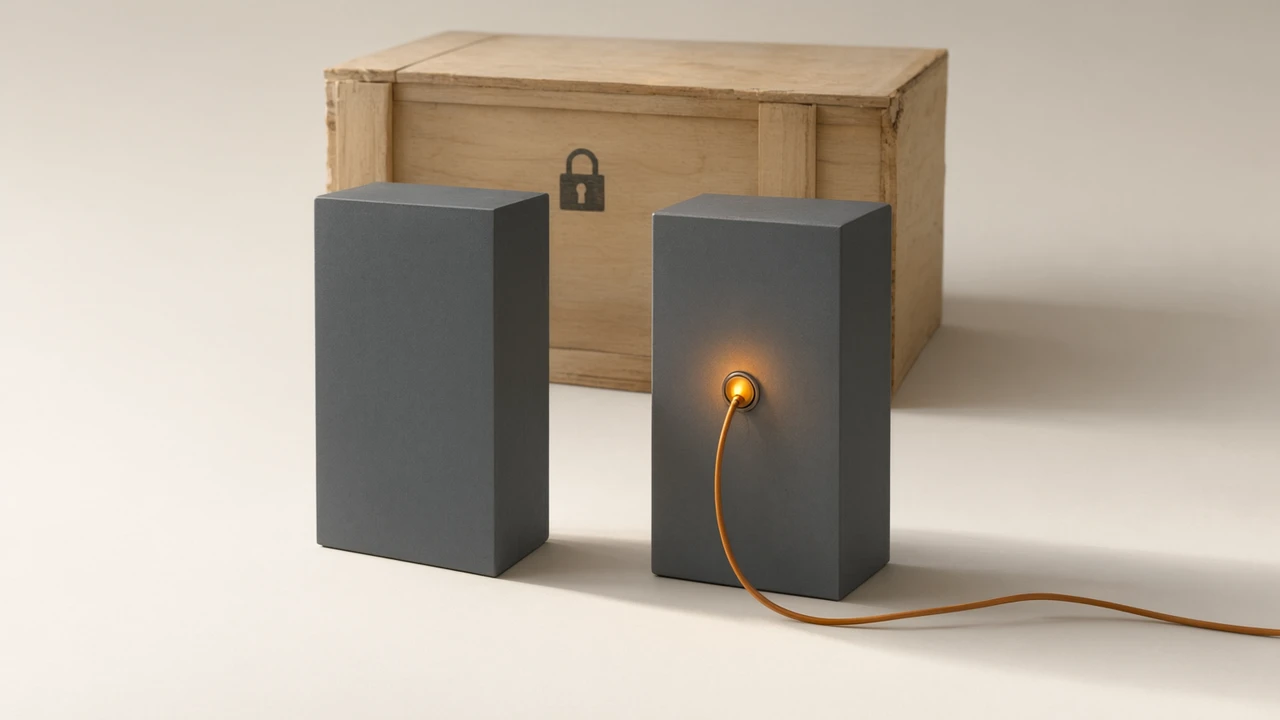 Two identical slate-grey monolith blocks on a warm studio surface, the right one carrying a single glowing amber switch and cable, with a sealed padlocked shipping crate waiting in the shadow behind them