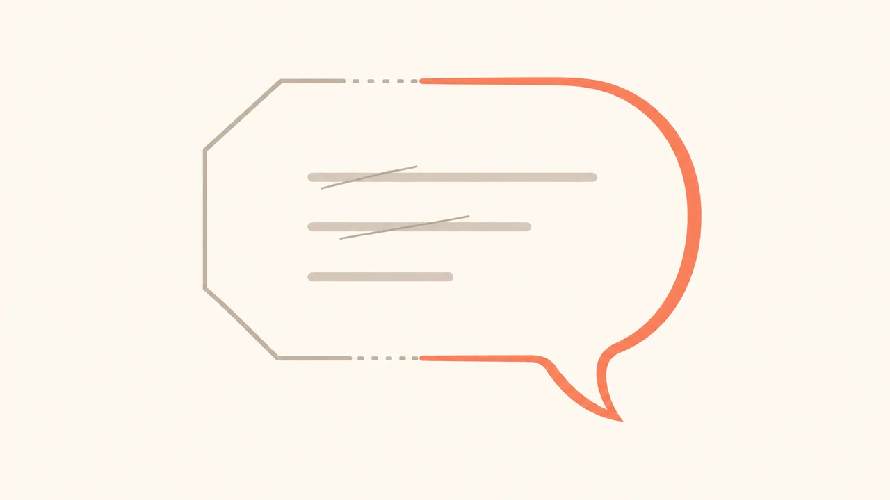 Editorial cover showing a stylized speech bubble whose outline transitions from a thinner angular shape to a smoother coral-orange one, with short text lines inside being trimmed — representing the shift from GPT-5.3 Instant to GPT-5.5 Instant's tighter, more confident answers