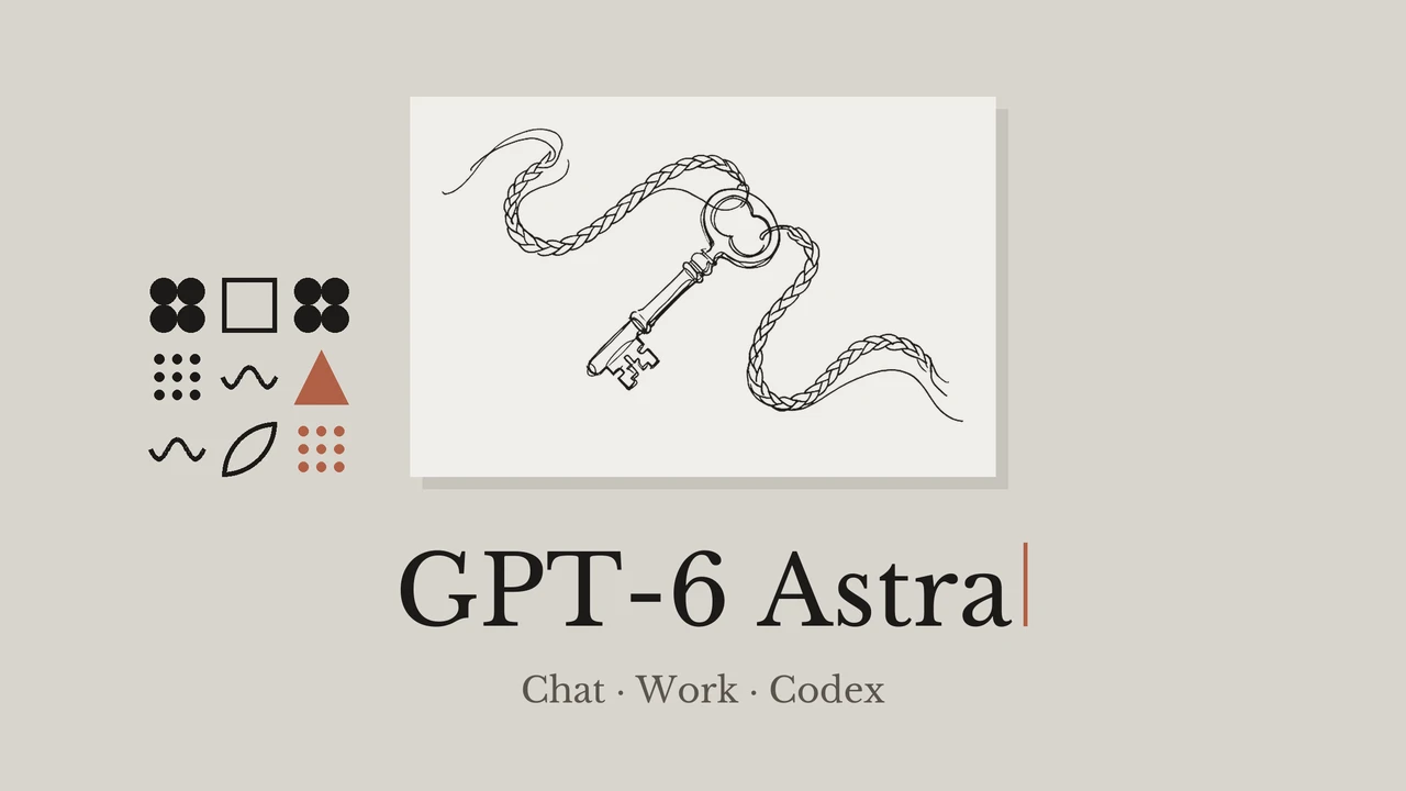 Warm grey art-line cover: a single-line ink drawing of an old key on two braided cords on a paper card, a small geometric glyph grid, and the serif title GPT-6 Astra with the subtitle Chat · Work · Codex