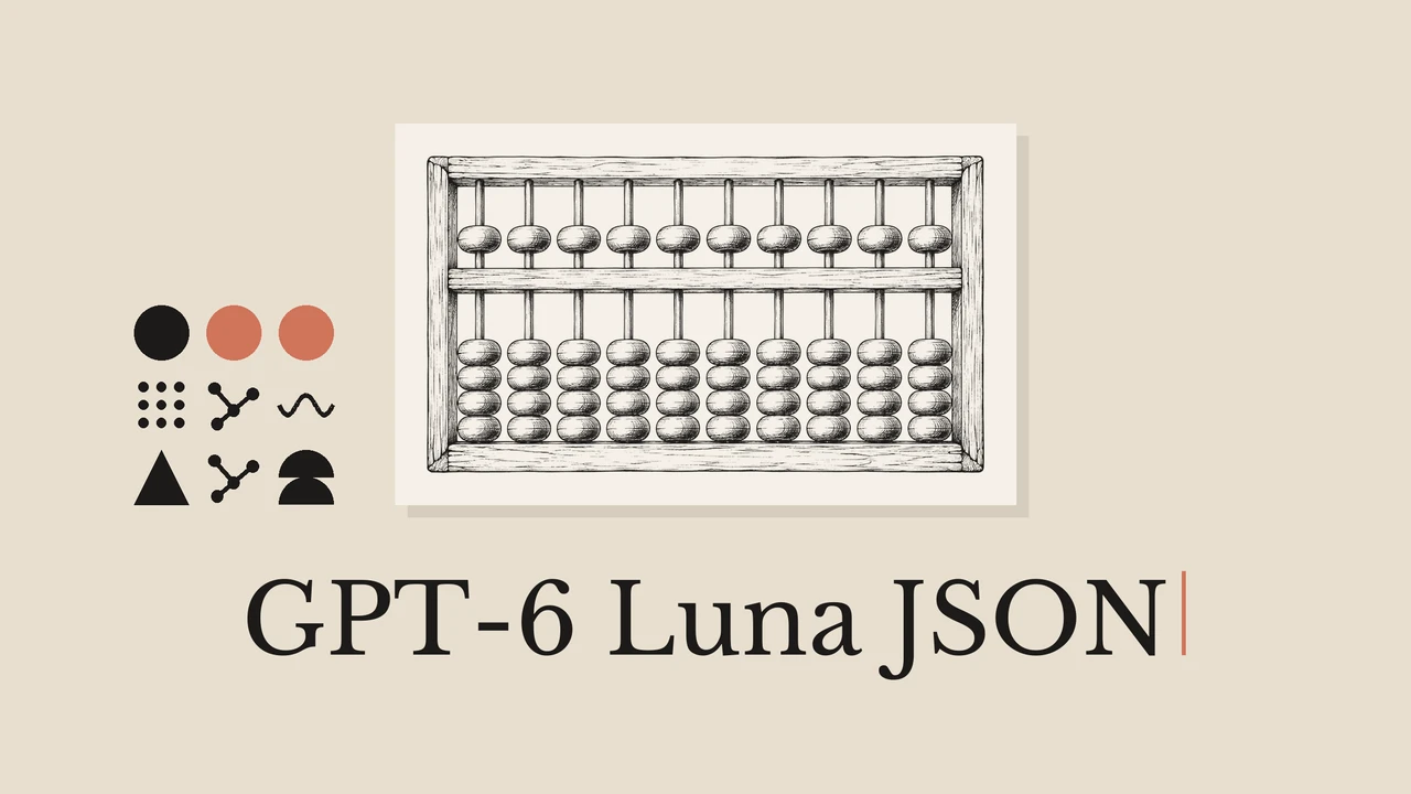 An abacus drawn in black on a pale card, geometric accents and the title GPT-6 Luna JSON.