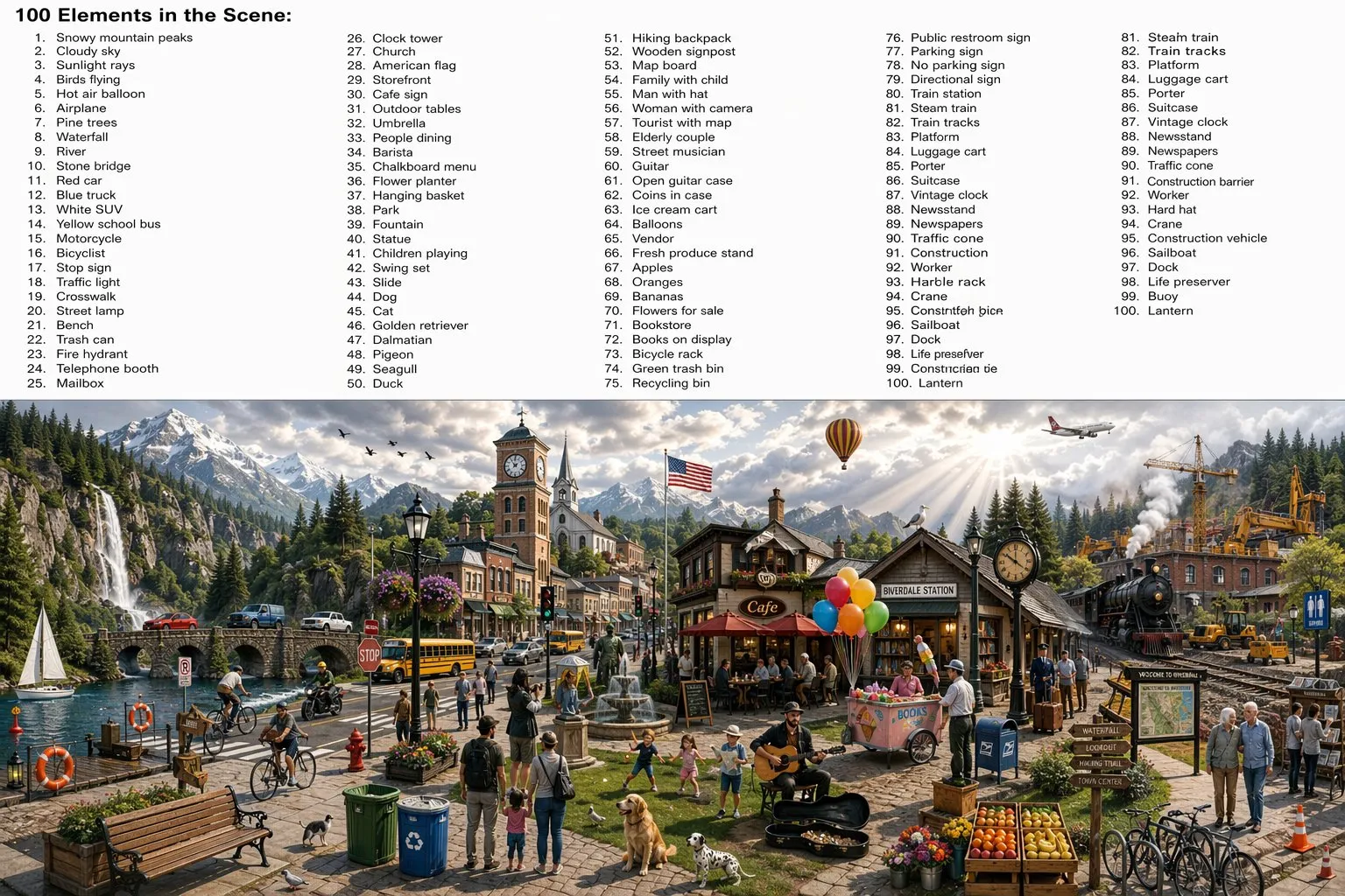 GPT-Image-2 生成的单图 100 物体场景，图内包含标注清单